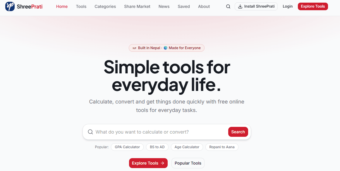 ShreePrati homepage — simple tools for everyday life